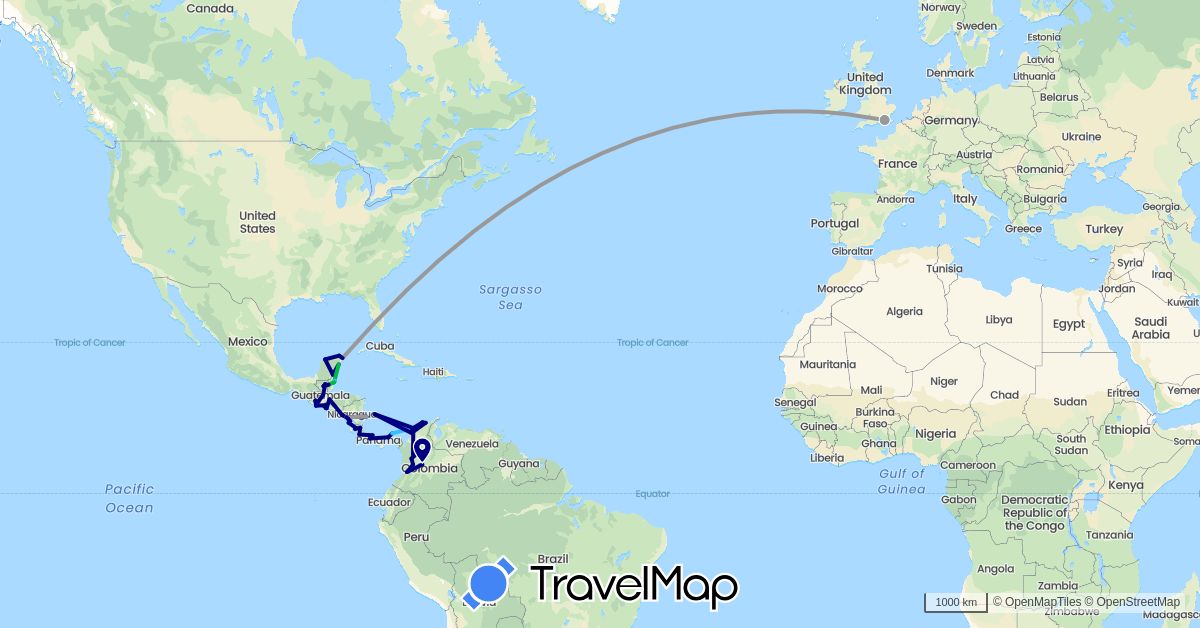 TravelMap itinerary: driving, bus, plane, boat in Belize, Colombia, Costa Rica, United Kingdom, Guatemala, Honduras, Mexico, Nicaragua, Panama, El Salvador (Europe, North America, South America)